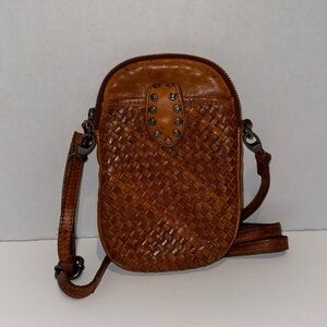 Vilenca Holland Leather Cognac Phone‎ Woven Studded Crossbody Pouch Handbag